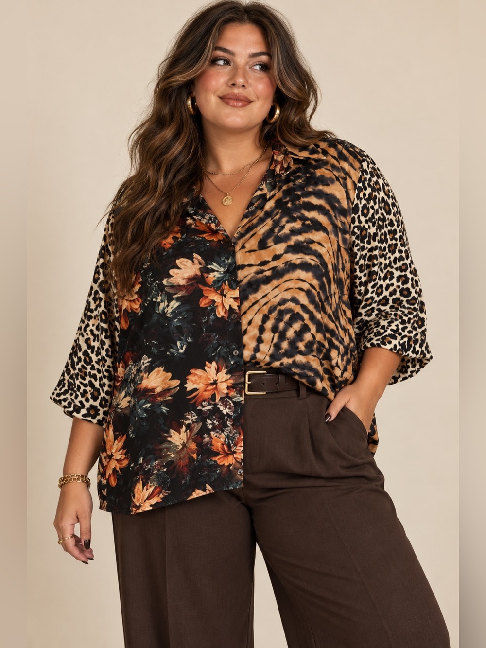Rose + Olive Mixed Print Blouse 2X Floral Tiger Leopard Statement Top Oversized